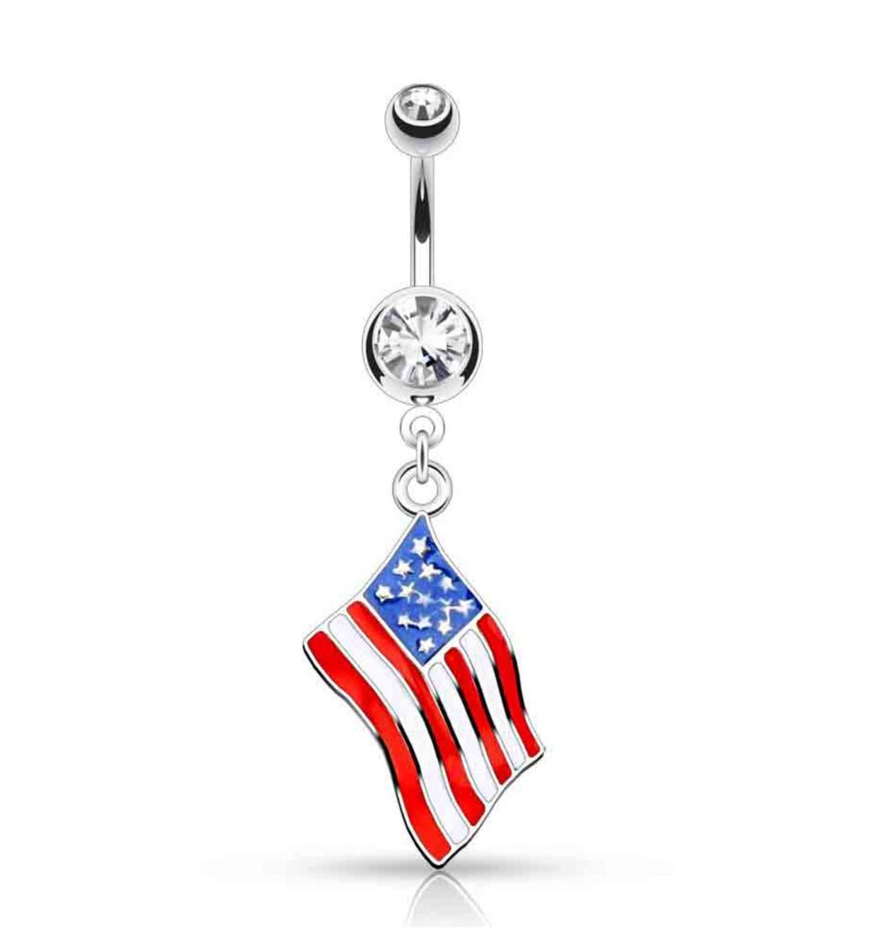 USA Flag Dangle Belly Ring – 14G 316L Surgical Steel | CZ Gem